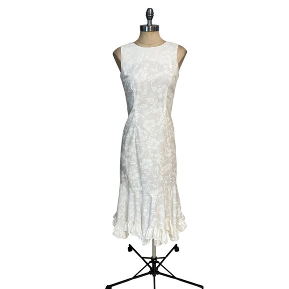Hilo Hattie White Floral Sleeveless Ruffle Hem Midi Dress Vintage Womens Size 6